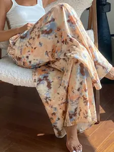 Plus Size Women's Tie-Dye Wide-Leg Pants, High-Waisted Loose Fit, Adjustable Drawstring Elastic Waist, Casual Artistic Style for Vacation & Home