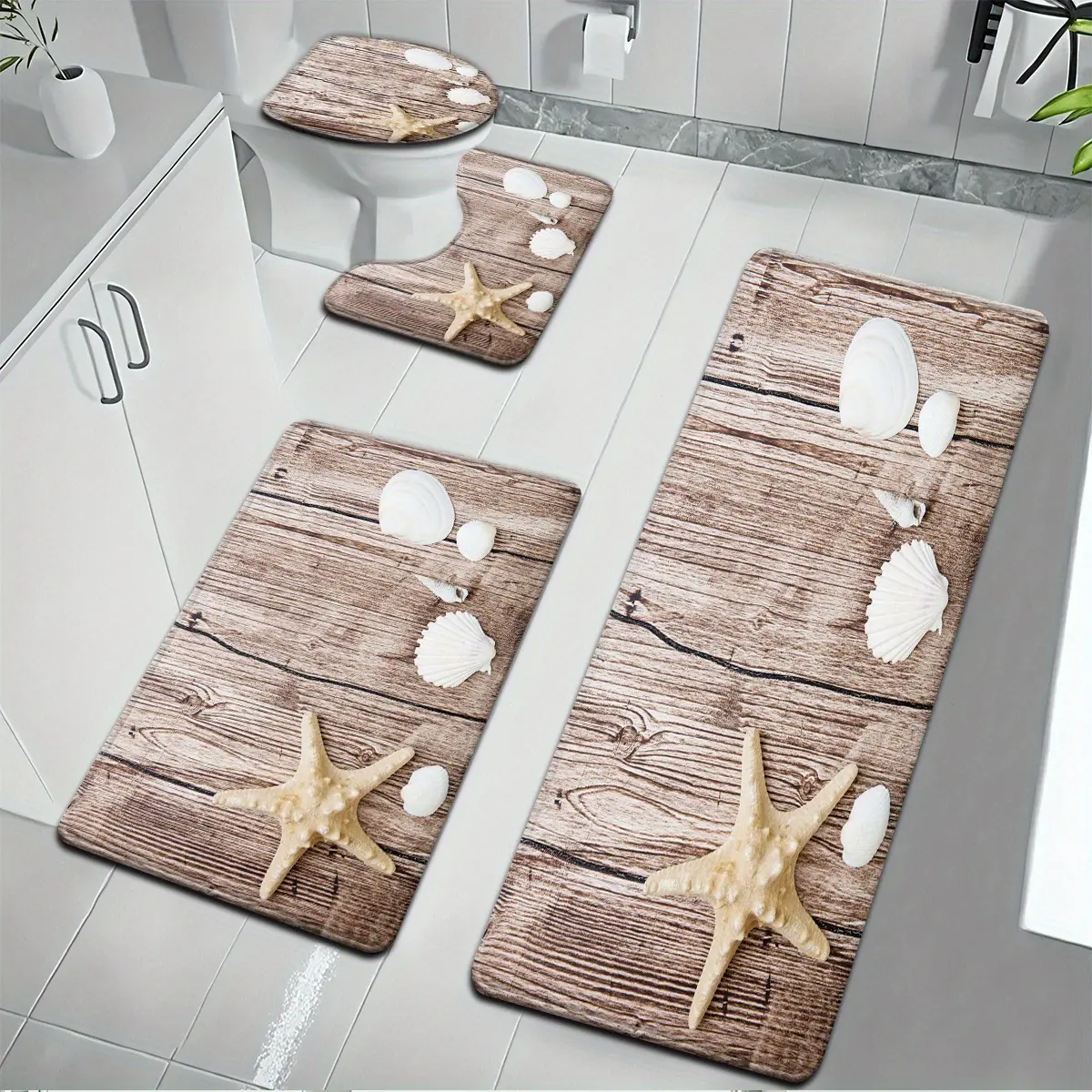 Flannel 4-Piece Bathroom Mat Set - Wood-Grain Background with Starfish & Seashell Patterns, Includes Toilet Seat Cover, Floor Rug & U-Shaped Footmat for Bathroom Decor