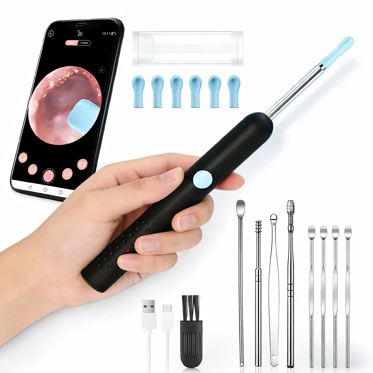 Ear Wax Removal Kit with 1080P HD Camera 6 Soft Silicone Ear Spoons LED Lights Rechargeable Battery Lightweight Design for iPhone iPad & Android Gentle Earwax Removal Tool Ear Irrigation Kit Ear Wax Remover Ear Cleaning Tool
