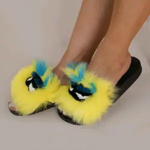 All Eyes On Me Slippers - Colorful Flipflop with Yellow and Black Fur Accents, Soft and Plush Design - Girl Footwear Women Comfort Slide Shoe Sliders Weight