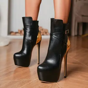 Plus Size 45/16cm Stiletto Heels - PU Cover Platform Ankle Boots with Adjustable Straps, Red & Black Zipper Closure & Cushioned Insole - Elegant Office & Formal Attire, High Heel Boots, Formal Footwear, Sleek Boot Design