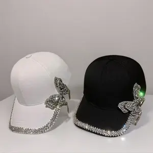 Original Heavy-Duty Adjustable Rhinestone Embellished Side Tassel Butterfly Baseball Cap, Cotton Double Crystal Bow Hip Hop Punk Sun Protection Hat, Fashion Statement Adjustable Dad Hat for Women Travel, Beach, Festival, Streetwear Outfit,Friend Gift Idea