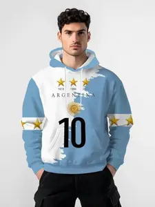 Men's Casual Hooded Sweatshirt, Argentina Flag Print, Blue Polyester Pullover, Drawstring Design, Fall & Winter Fashion