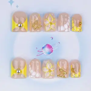 Nailssbysheccid, 10pcs press-on nails, Flower nails, square shape, 100% handmade, simple style, combined with French style, suitable for dates, weddings, best gift for girls. Comes with jelly glue, crystal sticks and twisting rods