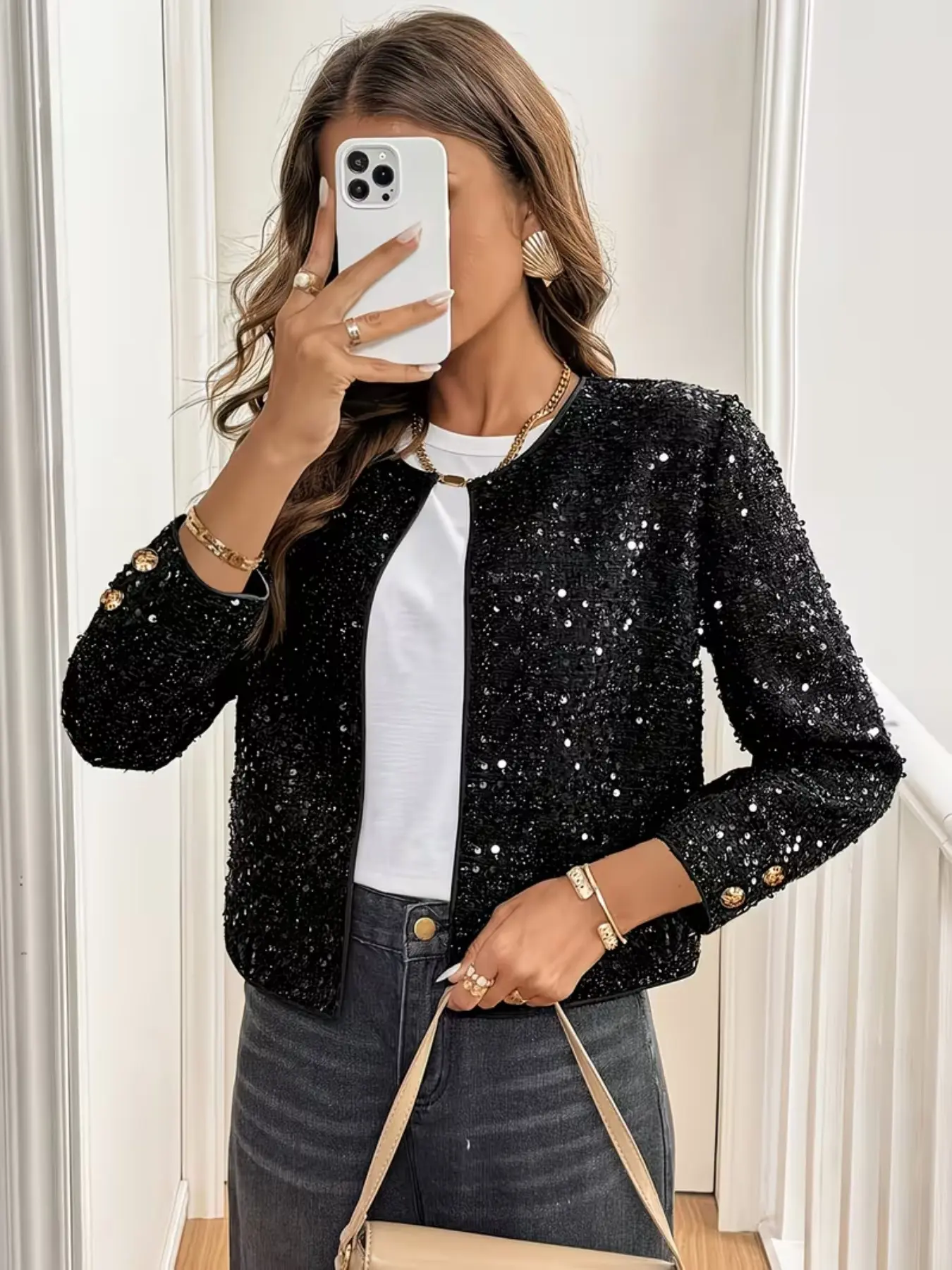 Women's Sequin Blouse Jacket, Spring Summer Fall Basic Design, Seven-Quarter Sleeve, Short Fitted Casual Fashion Outerwear