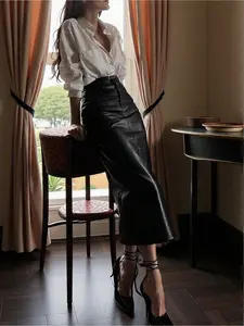 Elegant Commuting Daily Business Old Money Style Leather Skirt Basic High-Waisted Slim-Fit Bodycon Long Skirt