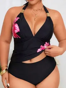 Plus Size Leopard Print Bikini Set - Halter Neck Backless Two-Piece Summer