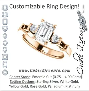 Cubic Zirconia Engagement Ring- The Sarah (Customizable 5-stone Design with Emerald Cut Center and Baguette/Round Bar-set Accents)