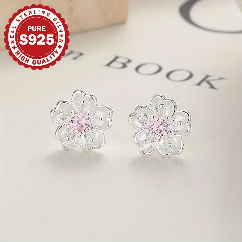 1 Pair Elegant Luxury 925 Sterling Silver Cherry Blossom Stud Earrings With Synthetic Zirconia, Hypoallergenic Perfect For Daily Wear & Gift-Giving, Christmas Holiday Accessory magnetic earrings non tarnish jewelry earrings for women earring stacking set