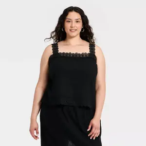 Women's Lace Trim Tank Top - A New Day Black 1X