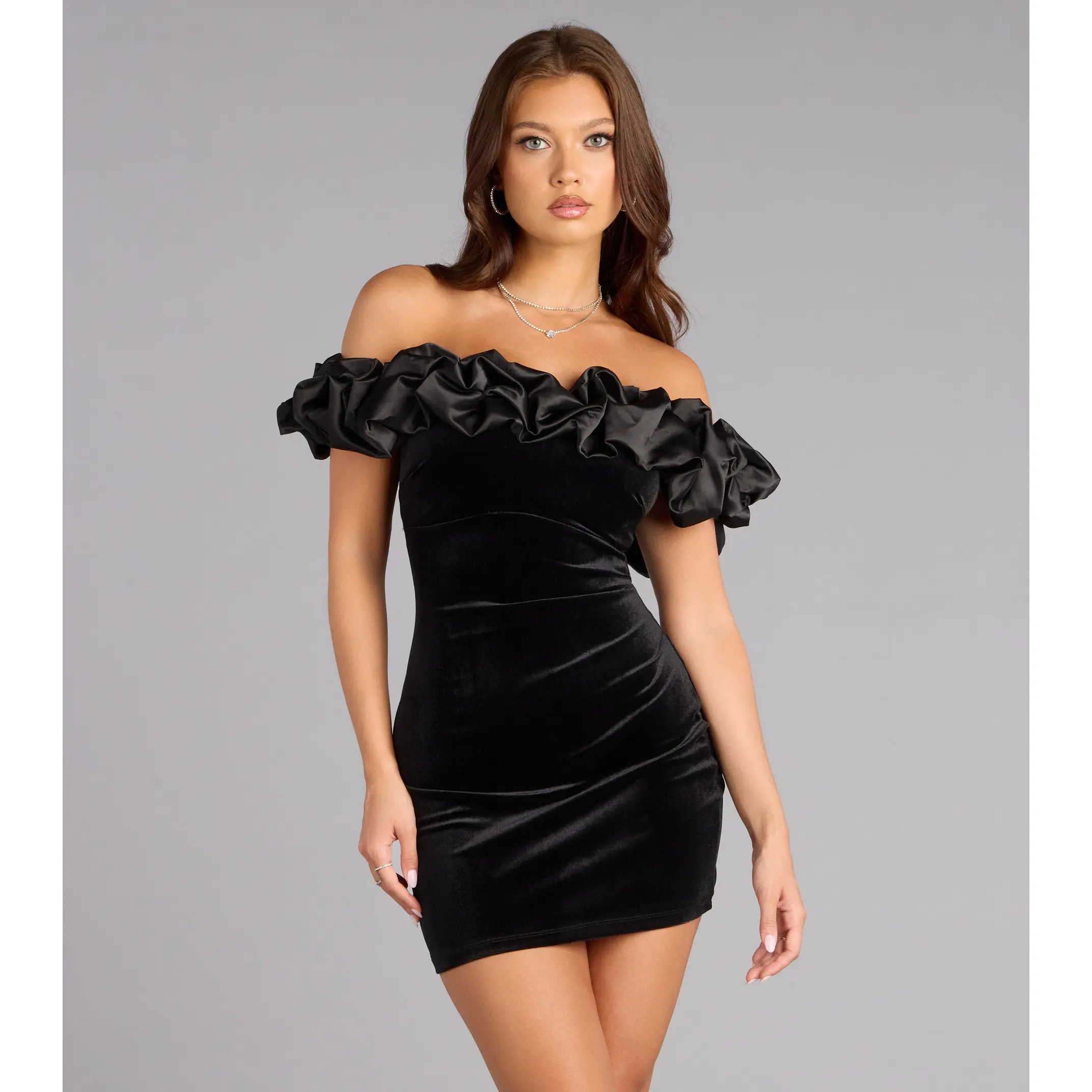 Lia Satin Ruffle Off-The-Shoulder Velvet Mini Dress