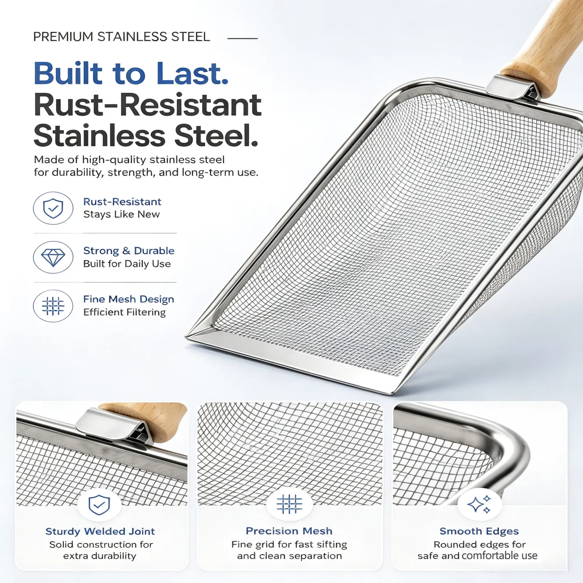 Stainless Steel Cat Litter Scoop with Fine Mesh Sifter, Durable Metal Litter Scooper with Ergonomic Wooden Handle, Heavy Duty Kitty Litter Shovel for Easy Cleaning