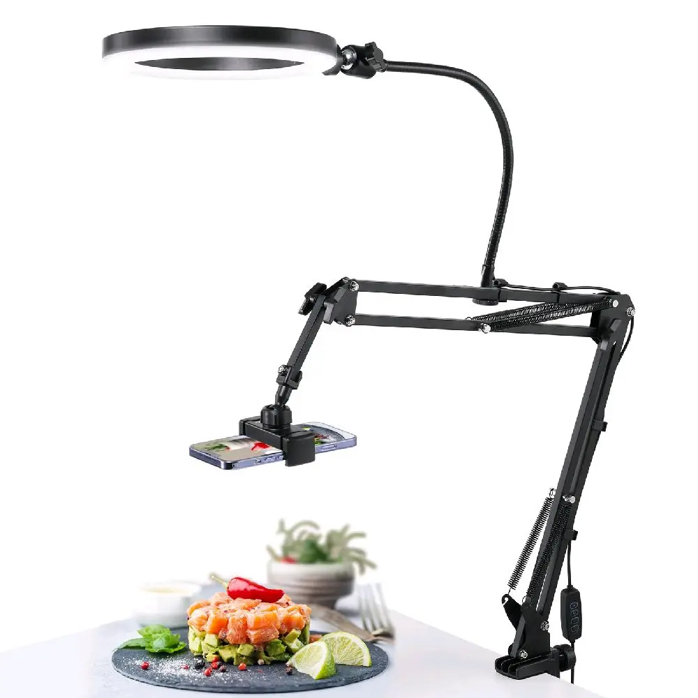 [Upgraded] ULANZI TH03 Phone Stand for Recording Overhead Phone Mount with Ring Light Adjustable Desk Arm Stand for iPhone Desktop Stand for YouTube Starter Live Stream Cooking Painting Nail