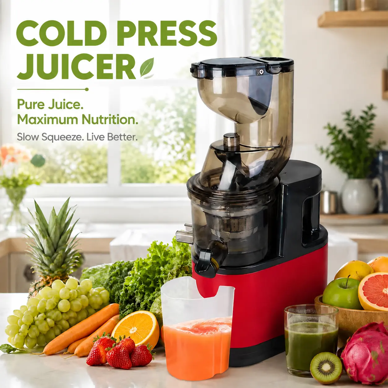 300W Motor Cold Press Slow Masticating Juicer, Electric ABS Housing Fruit & Vegetable Extractor with Reverse Function, 2 Collection Containers & Cleaning Brush - Camp Kitchen Utensil for Camping & Hiking-5005