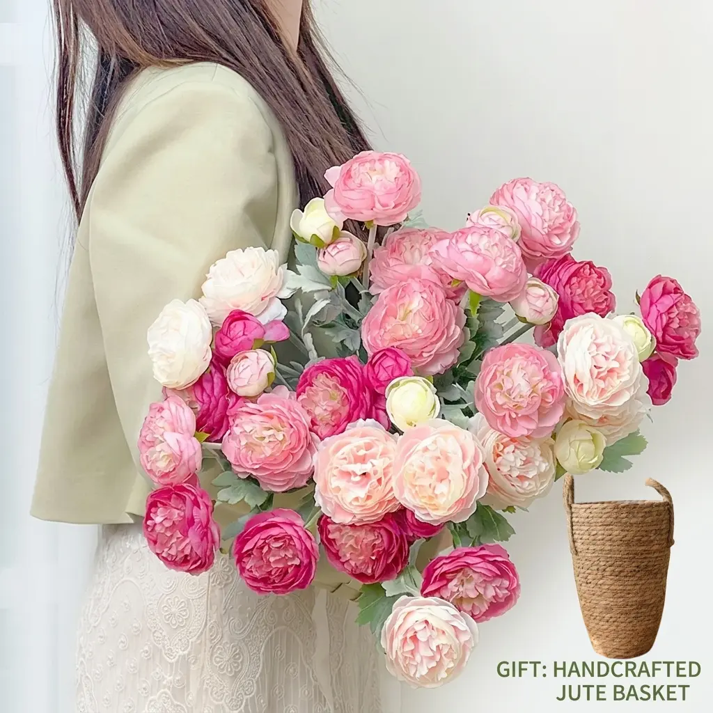 DANQAVEY Premium Silk Ranunculus & Peony Eternal Flower Bouquet - Pink, Cream White, Dusty Blue, with Boxes, for Wedding Bridal, Bedroom & Entryway Decor, Realistic Faux Gift Blooms,dorm essentials