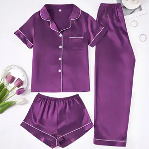 3-Piece Solid Satin Pajama Set for Women - Collared Short Sleeve Top, Elastic Shorts & Long Pants, Casual Comfort Loungewear