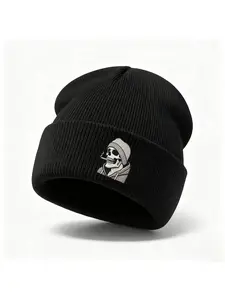Unisex Knit Beanie with Embroidered Skull Design, Casual Fitted Hat for Fall & Winter, Street Fashion Outdoor Sports Cap, Knit Hats, Knitting Beanie, Knitted Hat
