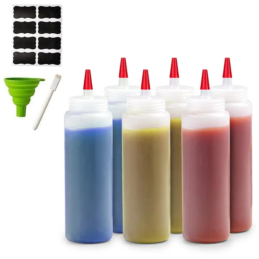 6-Pack 4 oz Durable Plastic Kitchen Condiment Squeeze Bottles - Includes Funnel, Erasable Marker, Reusable Labels, Ideal for Salad Dressings, Ketchup