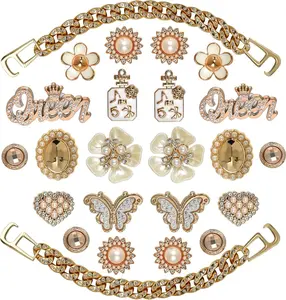 Set of 24 Luxury Girly Shoe Decorations, Sparkling Crystal Pearls & Gold Chains for Sandals, Elegant DIY Clog Ornaments, Wholesale Gift Pack