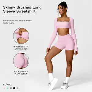 Sporty Women's Solid Long Sleeve Crop Tee & High Waist Shorts Set, Sport Square Neck Top & Short Leggings for Yoga, Athletic Wear, Gym Wear, Tracksuits for Women, Minimalistic Outfit, Workout Clothes Lightweight Compression Sportswear Summer Sportswear Sp