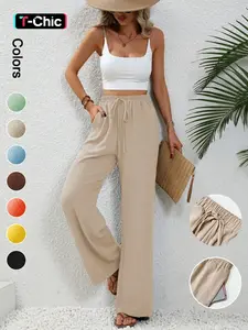 Women's Plain Pocket Tie Front Elastic Waist Straight Leg Pants, Casual Style High Waist Wide Leg Trousers for Daily Wear, Ladies Bottoms for All Seasons, Baggy Pants