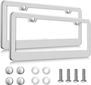 2 Pack  License Plate Frames, 2 Holes Rust-Proof Chrome License Plate Holder, Lengnoy Universal  Stainless Steel Polish Mirror License Plate Cover for Women Man with Screws Caps