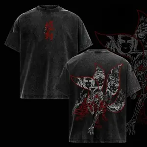 Naruto Kurama Sharingan T-Shirt – Vintage Washed Naruto Inspired Tee, Nine Tails Fox Anime Graphic Shirt, Oversized Soft Cotton Streetwear, Unisex Casual Apparel, Gift for Anime Fans