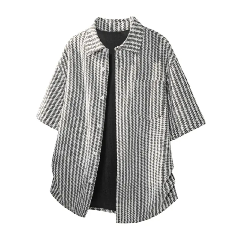 Men's Micro Check Overshirt, Casual Loose-Fit Half Sleeve Lightweight Polyester Button-Up Top with Chest Pocket
