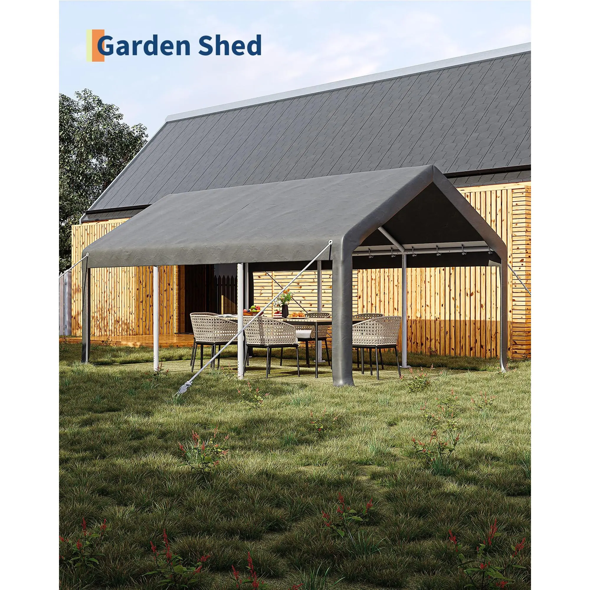 Heavy Duty 12 x 20 ft Portable Carport Garage, 200g PE Tarp Canopy with 2 Roll-Up Doors and 4 Windows, Outdoor Storage Shelter for Pickups, SUVs, Boats and Events, Available in Khaki, Gray, White