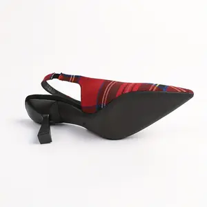 Vintage Red Plaid Pointed-Toe High Heels - Vintage Style Fabric Colorblock with Black Straps, Slingback Design for Spring & Summer Fashion, Thin Heel Sandals | Slingback High Heels | Artificial Cover Insole, Stiletto Heels Shoe Girl