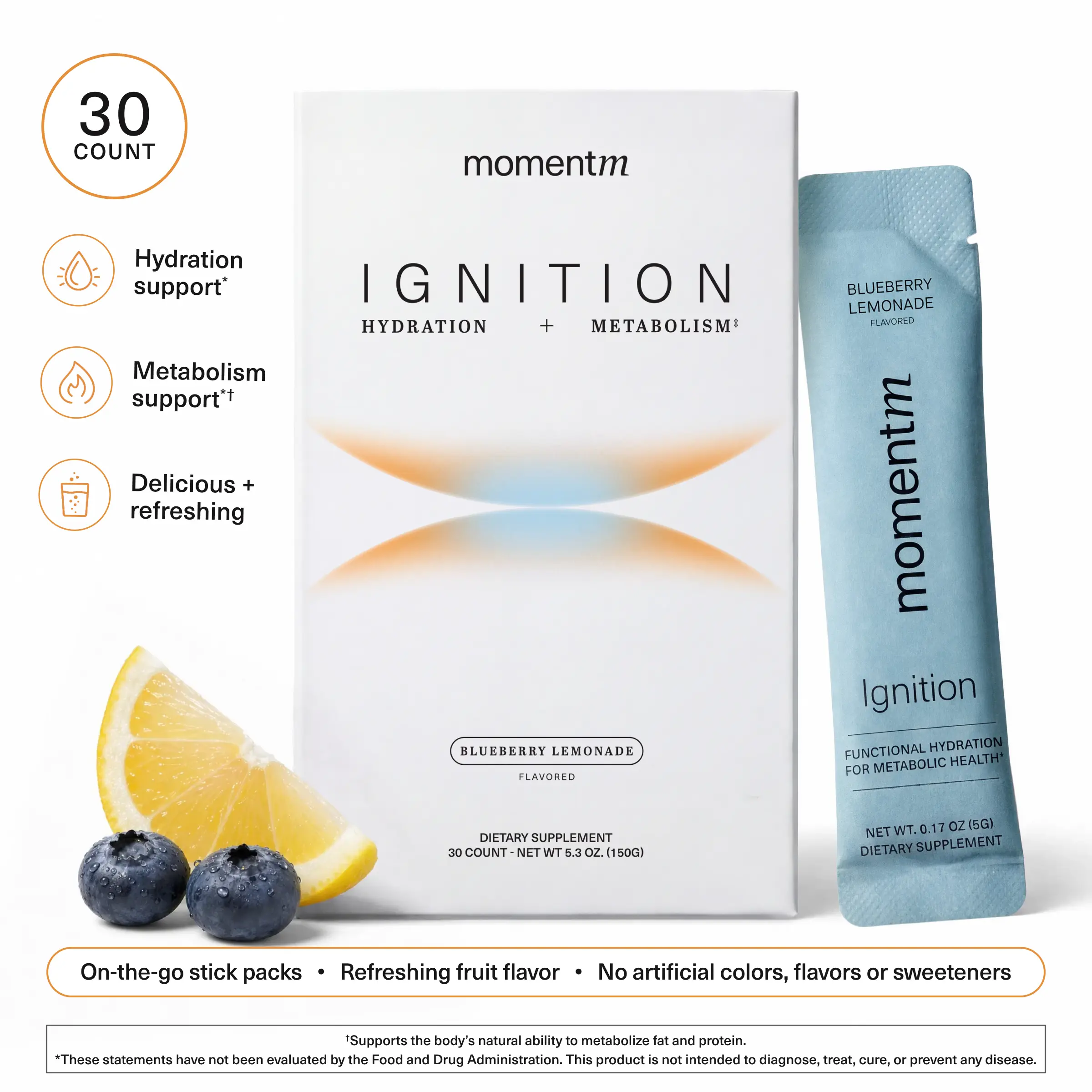 momentm Ignition Blueberry Lemonade Hydration Drink Mix (30 ct) - Supports Steady Energy & Focus - with Magnesium, Electrolytes, Adaptogens, InnoSlim & Holy Basil - Sugar Free