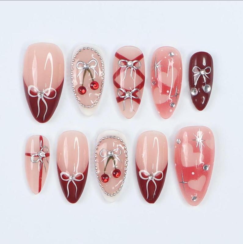 Press On Nails Cherry Charm with Silver Bows | 3D Pearl & Heart Nail Art in Medium Almond | Handmade Elegant Nail Art for Holiday, Birthday Satamiis