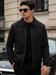Men's solid color, Long sleeve casual jacket with collar and zipper closure, elastic cuff design, business jacket, 100% polyester fiber, easy to maintain, suitable for daily leisure, casual sports, work wear, spring and autumn seasons