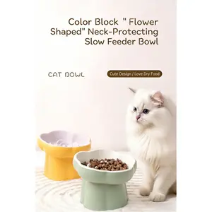 Pet Slow Feeder Elevated Ceramic Bowl - For Cats & Small Dogs, Anti-Choking Anti-Spill Neck Protection Slanted Bowl