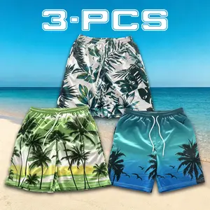 Men’s Printed Shorts 3-Piece Set Palm Tree Pattern Elastic Drawstring Casual Quick-Dry Beach Sports
