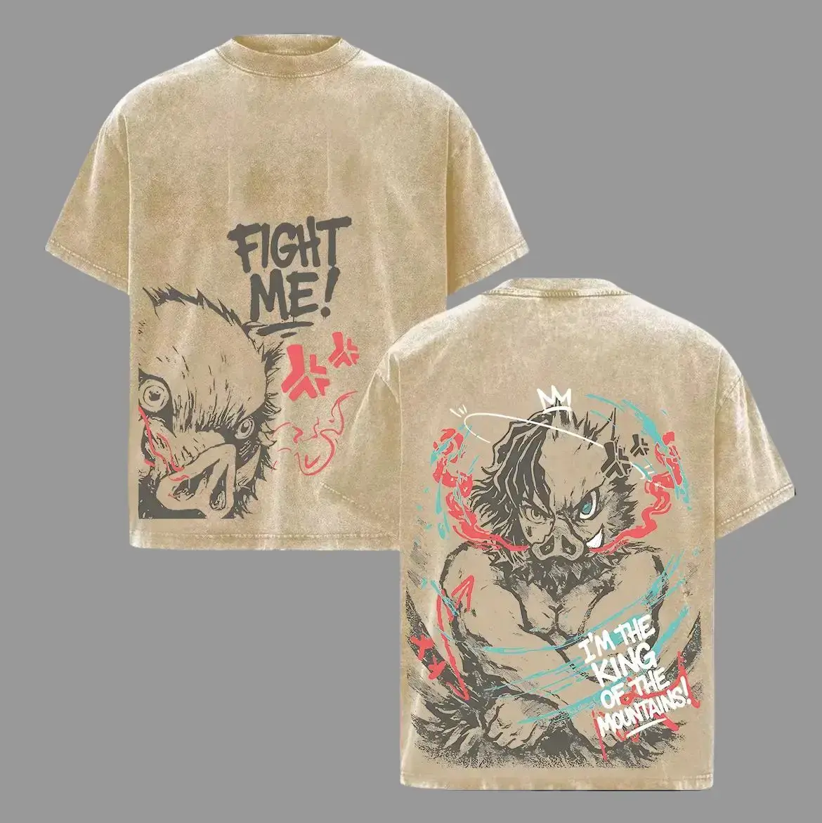 Men's Inosuke King of the Mountain Graphic T-Shirt, Oversized Demon Slayer Tee in Soft Acid Washed Cotton, Breathable Classic Shortsleeve Apparel, Fabric, Top, Tshirt, Anime Merchandise, Demon Slayer Style Men's Short-Sleeve T-Shirts, Crew Neck