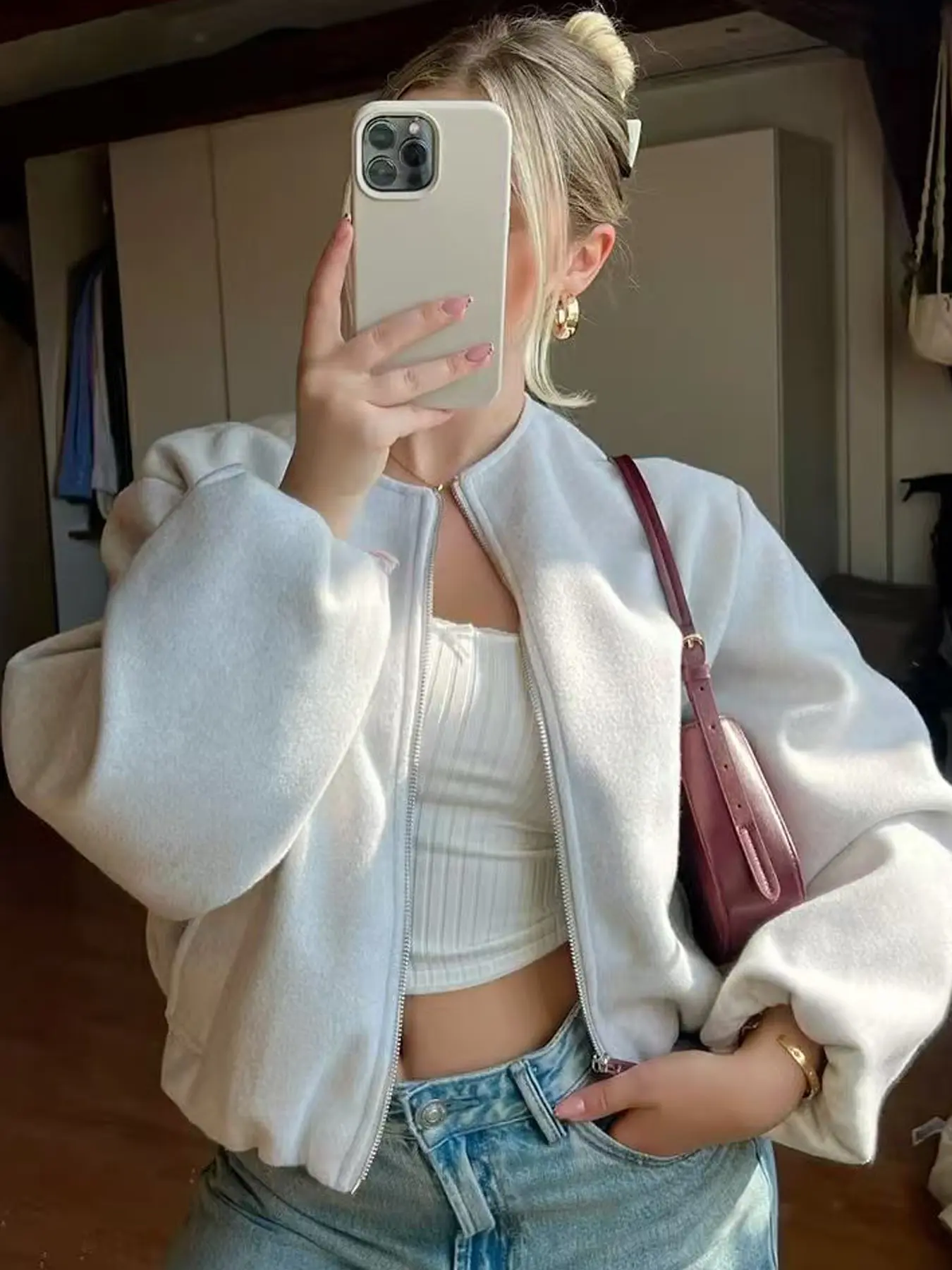 Oversized Cropped Varsity Bomber Baseball Jacket Women's Jacket Autumn Spring 2026 Minimalist Soft Tweed Round Neck Aviator Jackets Casual Beige White Gray Black Outerwears Fashion Streetwear & Holiday Jacket Coats Womenswear Tops
