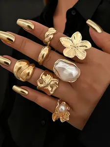 Women's Elegant Boho Style Metal Set, Fashion Rings, Imitation Pearl Design Faux Pearl, All-Season Jewelry for Daily Wear & Gifts