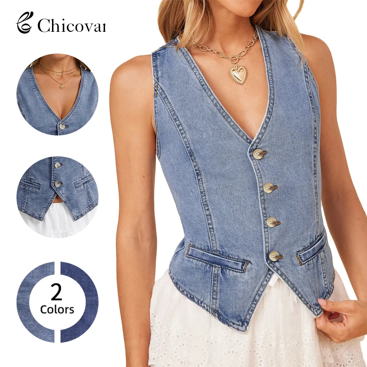 ChicovarFashion Women's Stretchy Denim Slim Fit Vest V-Neck Sleeveless Button Down Jean Waistcoat Crop Top Vintage Western Boho Concert Outfit Summervibes Deals for You Days