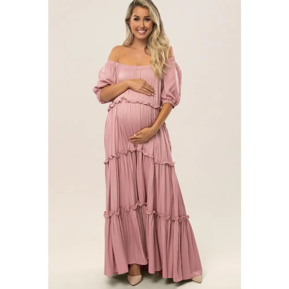 Mauve Off Shoulder Ruffle Tiered Maternity Maxi Dress