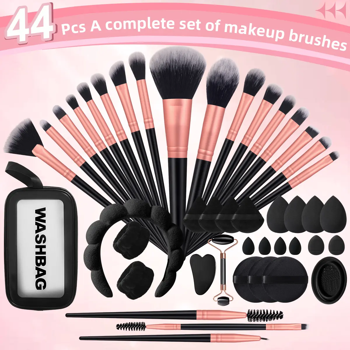 44pcs Face Makeup Tools Kit, 20Pcs Makeup Brushes & Toiletry Bag & Headband & 2Pcs Wrist Strap & 4 Large Makeup Sponge Puffs & 4 Fan Shape Puffs & 4 Mini Makeup Sponges & 3 Large Round Puffs & 2 Thumb Puffs & Jade Roller & Gua Sha Board & Scrubbing Bowl