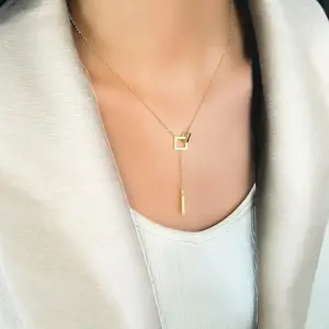Square Delicatessen Gold Dainty Necklace 18 K Stainless Steel Necklace with 15.75 in Extender