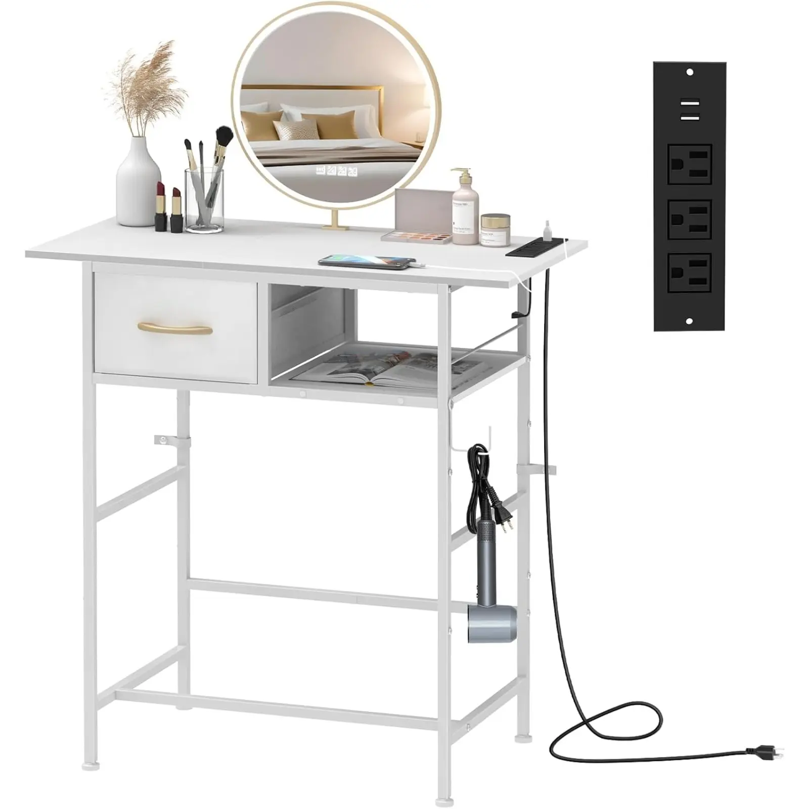Minimalist Rectangular Vanity Desk - Makeup Vanity with Charging Port, Fabric Drawer, Hook, Sturdy Build, Compact Storage Organizer for Small Bedrooms (No Mirror)