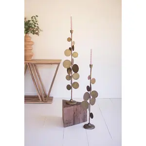 Set Of Two Antique Brass Candle Holders With Round Discs Detail