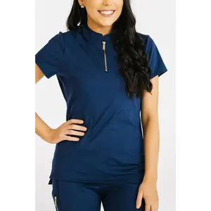 Women's 1/2 Zip Scrub Top - Navy Blue, Comfortable Fit, Polyester & Spandex Blend, Stylish Design for Womenswear