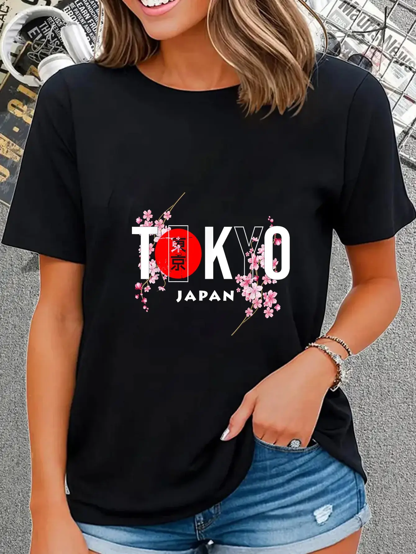 100% Cotton TOKYO & JAPAN TEXT WITH CALLIGRAPHY INSERT + SAKURA FLOWERS T-Shirt