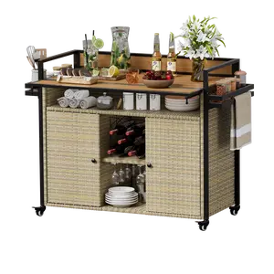 Outdoor Kitchen Wicker Rolling Bar Cart with Storage Cabinet, Extended Plastic Wood Table Top, Kitchen Island on Wheels with Double Handle Design, for Patio Backyard Garden Poolside,  Brown Gradient