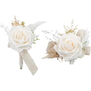 Champagne & White Wrist Corsage and Boutonniere Set for Wedding Prom Homecoming Artificial Rose Flowers Men Groom Groomsmen Boutonniere and Women Gril Bridesmaids Wristlet Suit Decor