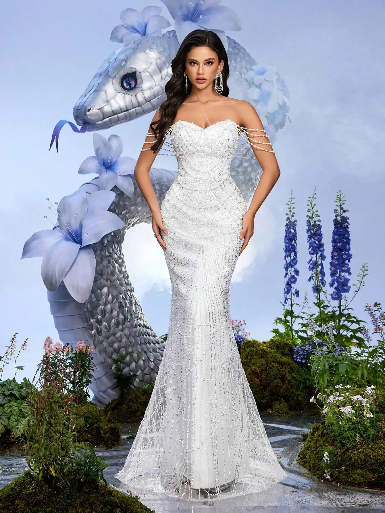 White Beaded Mermaid Evening Gown Strapless Formal Dress for Wedding Prom Maxi Length Woven Fabric Hand Beading Sequin Splicing Womenswear Elegant Fitted