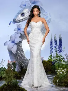 White Beaded Mermaid Evening Gown Strapless Formal Dress for Wedding Prom Maxi Length Woven Fabric Hand Beading Sequin Splicing Womenswear